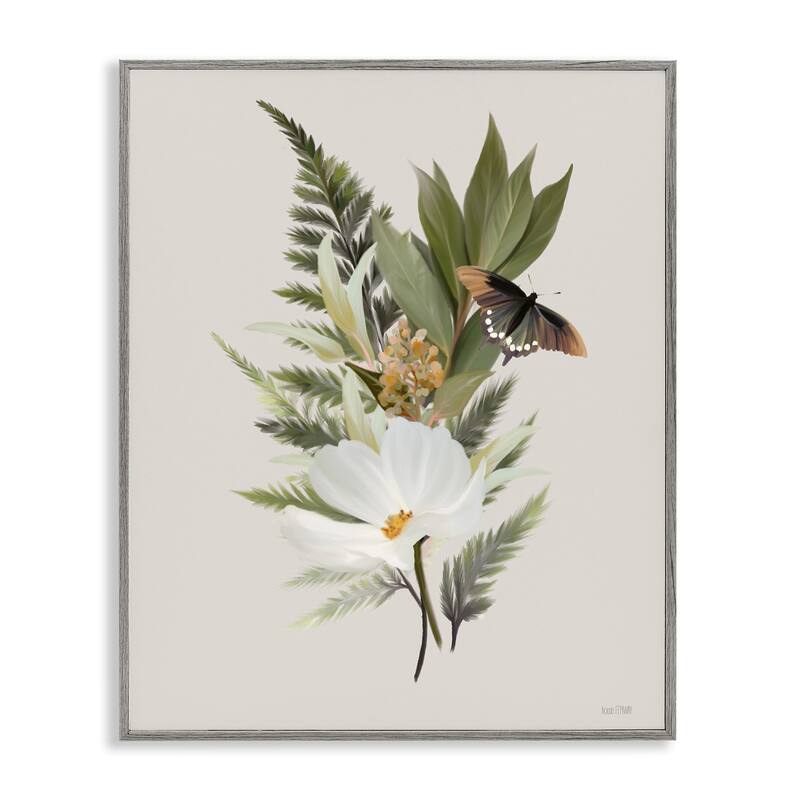 Stupell Flower Sprigs & Butterfly Framed Giclee Art Design By House Fenway - 11 x 14 - Grey