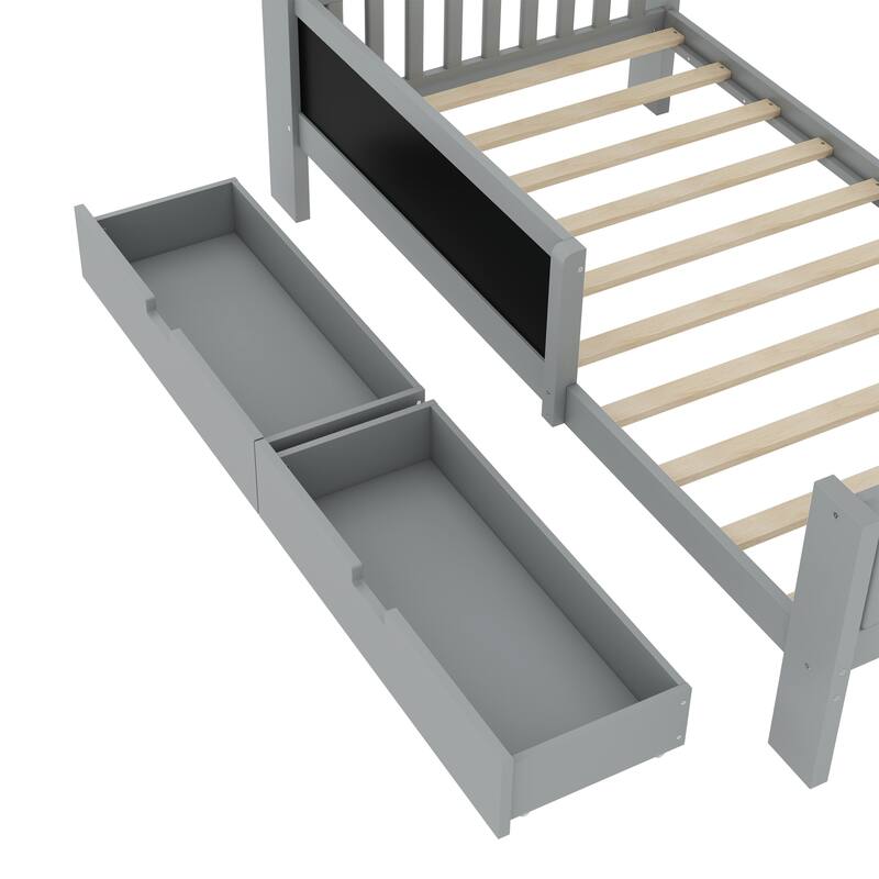 Childlike Fun Solid Wood Low-profile Platform Bed Storage Bed Frame with Side Chalkboard, Open Shelves, Drawers and Guardrails