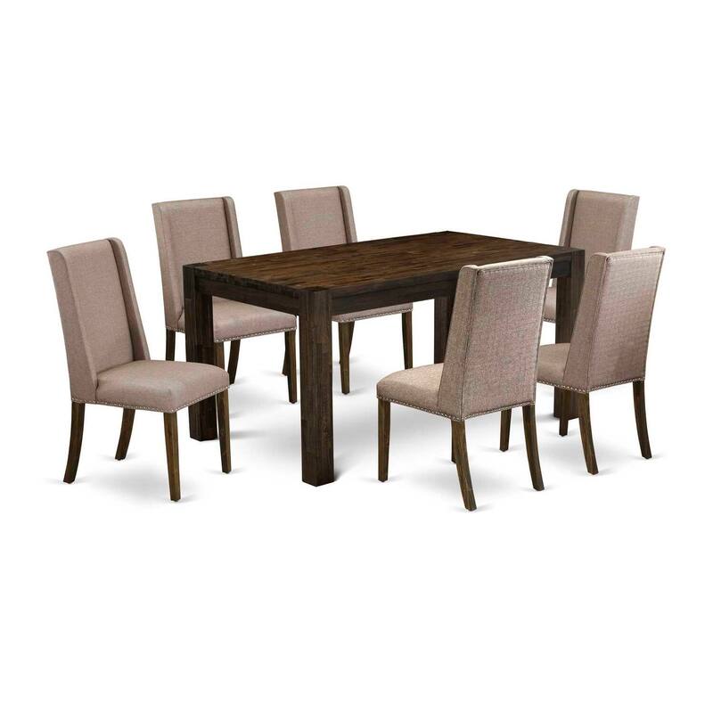 HomeStock 7-Piece Rectangle Distressed Jacobean Finish Solid Wood Top Dining Table with 6 Parson Chairs