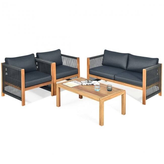 4 Pcs Acacia Wood Outdoor Patio Furniture Set with Cushions - 52" x 26" x 25" (L x W x H)