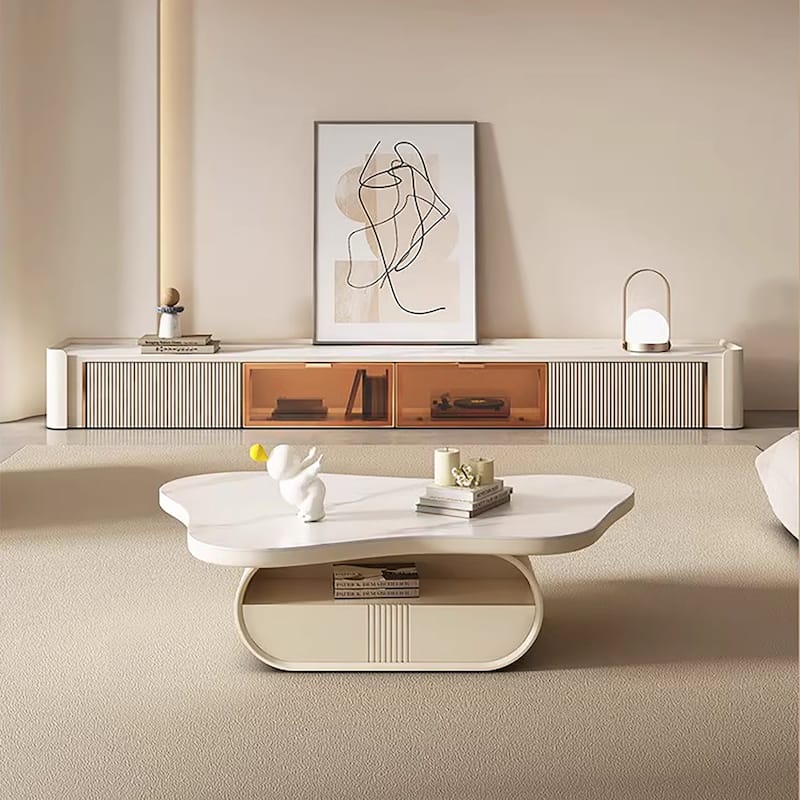 51" White Coffee Table, Cloud Shaped, with Drawers, Sintered Stone Top - 51" X 35"