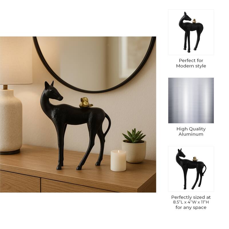 Metal Figurine Decor Modern Deer with Bird Accent Finish - Black - 11.0"