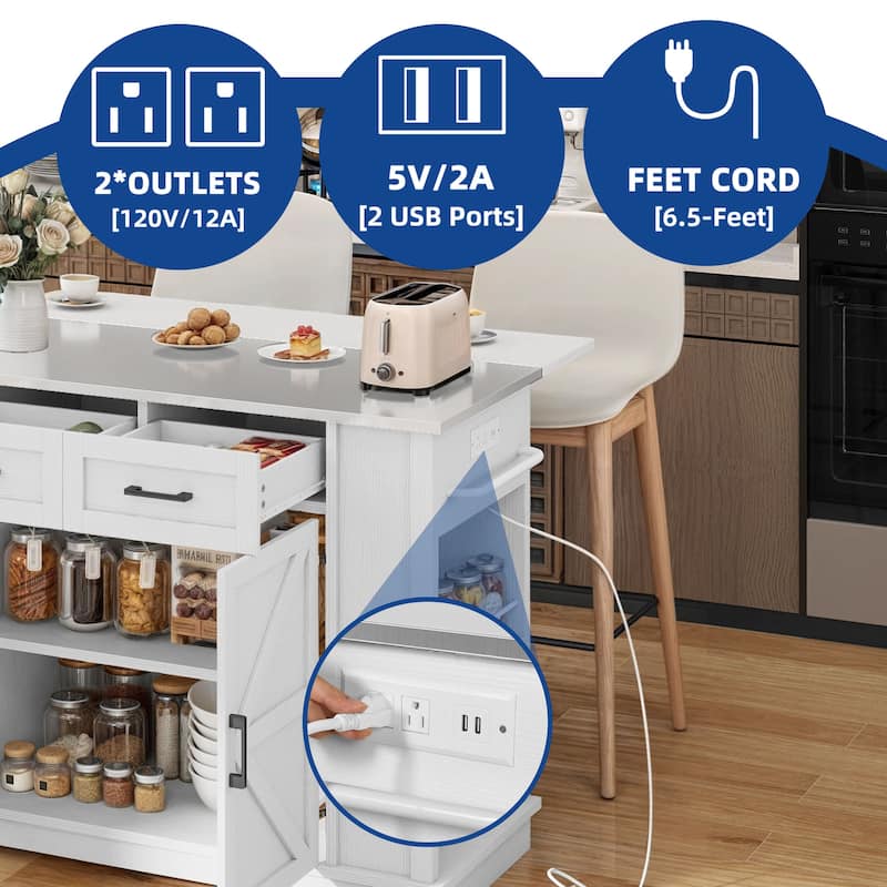 Moasis Drop Leaf Kitchen Island Cart with Stainless Steel Top And Power Outlets