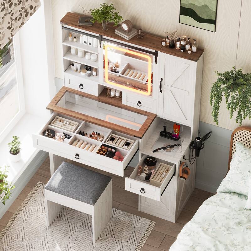 Farmhouse Makeup Vanity Desk with Square LED Mirror, Glass Top Dressing Table and Stool Set with Charging Station