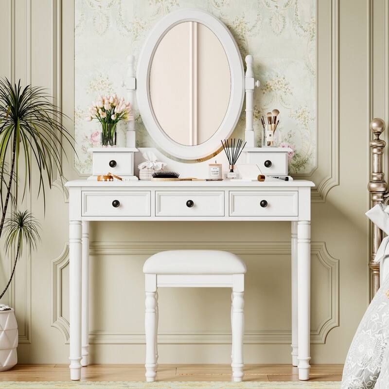 Vintage Vanity Desk with Adjustable Angle Mirror, Makeup Desk with 5 Drawers, Dressing Table Set with Cushioned Stool