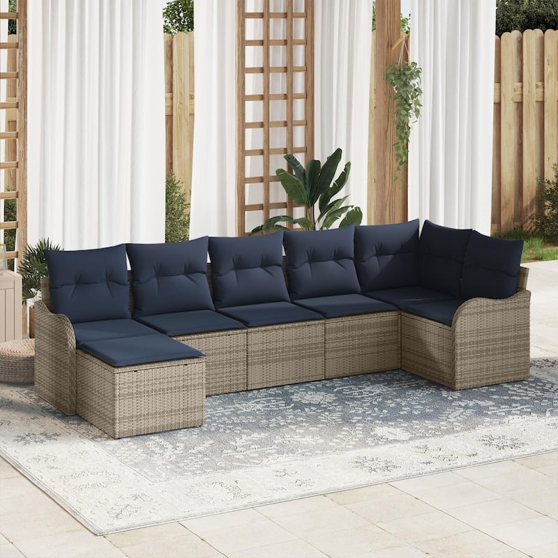vidaXL 7/8 Garden Sofa Set with Cushions Black/Brown/Grey Wicker - 113.2 x 48.2 x 27.2 - Grey without table