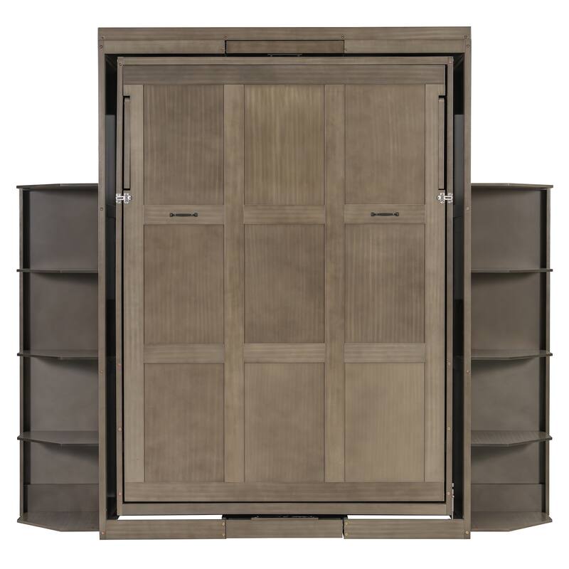 360° Rotating Queen Murphy Wall Bed with Hidden Cabinet, Fold-Down Desk & Dual 3-Tier Bookcase Towers by Harper&Bright Designs