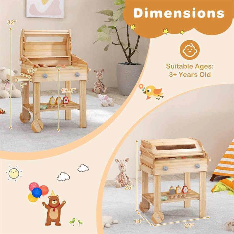 Kids Wooden BBQ Grill Playset with Accessories Side Trays and Storage Natural Pretend Outdoor Cooking Toy