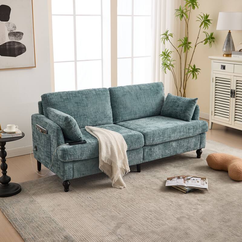 Modern Style Chenille 2-Seater Wood-Legged Sofa With Led Light,USB Charging Port And Storage Bag Living Room Bedroom Study Room