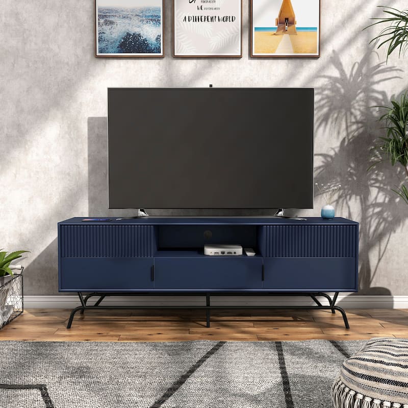 DH BASIC Modern 60-inch 3-Drawer Media Cabinet TV Stand with Cable Hole by Denhour - Indigo/Black