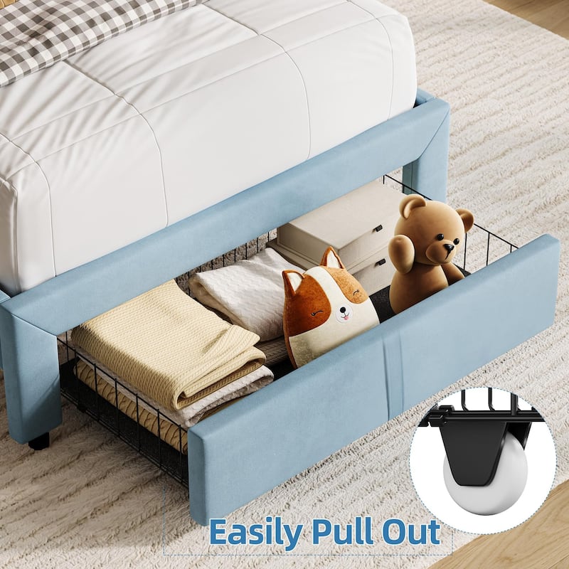 Twin Bed Frames for Kids, Velvet Upholstered Platform Bed Frames with Drawer and Bookcase Headboard, Girls Boys Bed