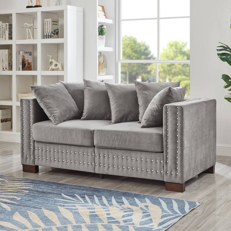 Velvet Loveseat Sofa with Storage, Comfy Upholstered Deep Seat Sofa, 2-Seater Sofa with Nailhead Trim & 6 Throw Pillows - Grey