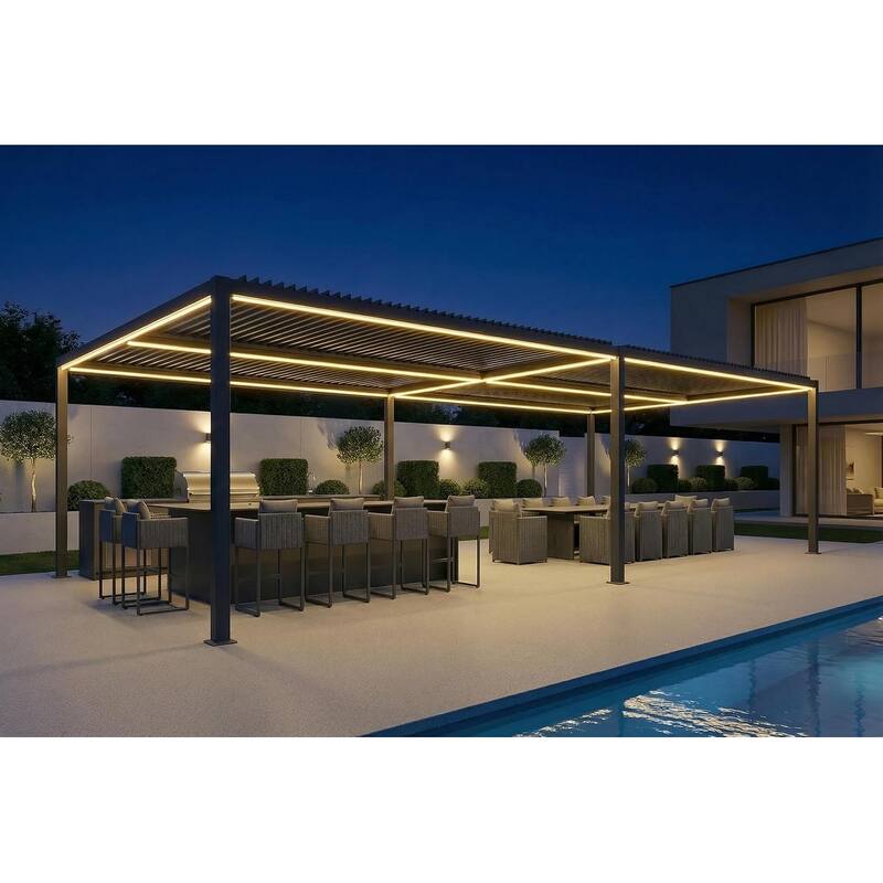 PURPLE LEAF Solar Louvered Pergola with LED String Lights Aluminum Outdoor Pergola with Adjustable Roof for Patio Garden - 13' x 30' - Grey