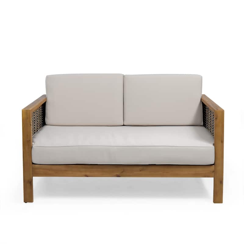 Linwood Acacia Wood and Wicker Outdoor Loveseat and Coffee Table Set with Cushions by Christopher Knight Home