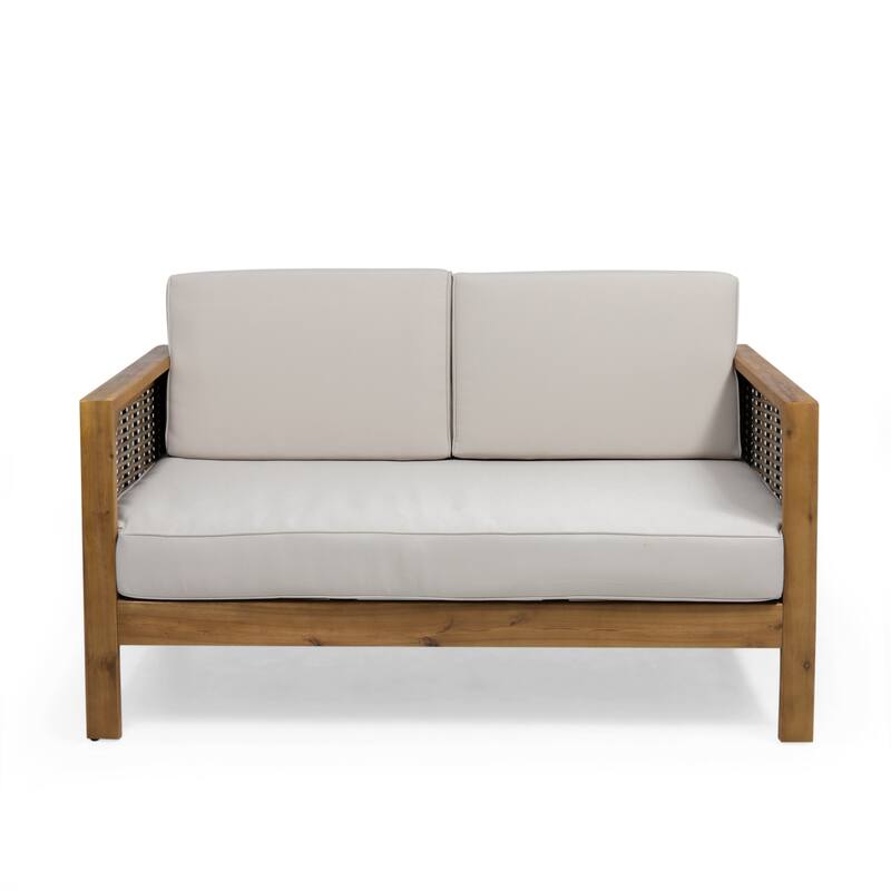 Roomfitters Acacia Wood and Wicker Loveseat Patio Set with Cushions and Coffee Table, Teak Beige