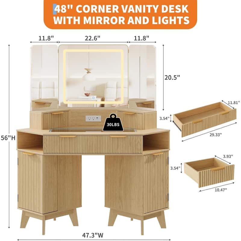 48 inch Fluted Corner Vanity Desk with Lights and Triple Mirror