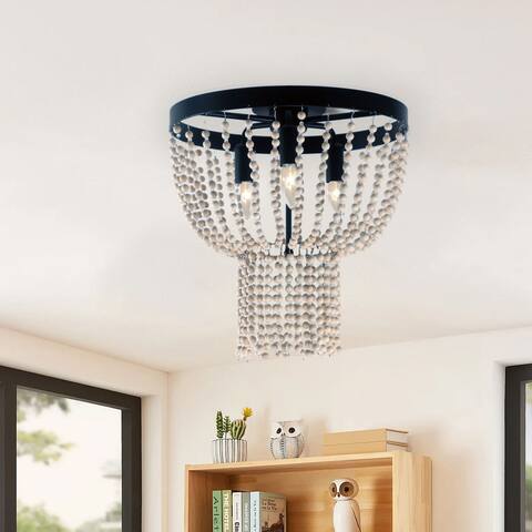 Farmhouse Wood Bead 15-inch Vintage Flush Mount Light - 15*15*15.3H