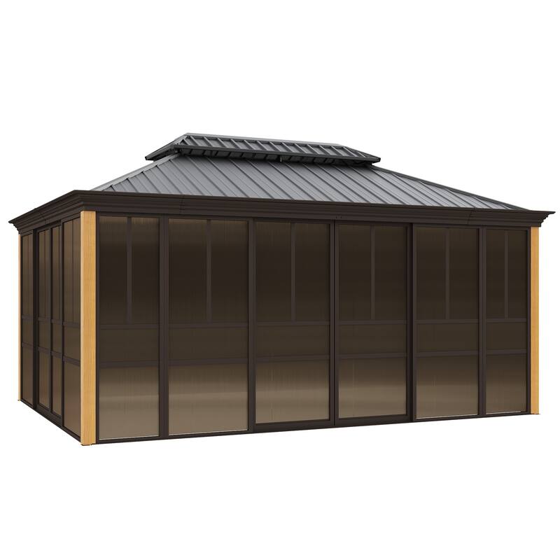 Outdoor Solarium Sunroom,Patio Hardtop Gazebo,All-Season Aluminum Patio Gazebo with with Sliding Doors and Screens
