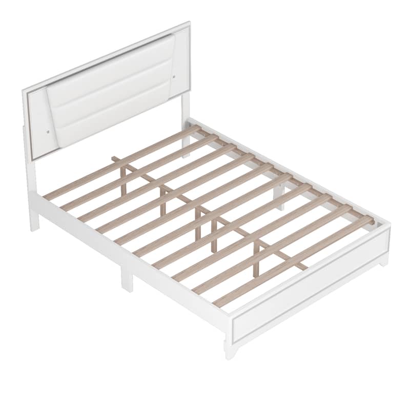 Modern Queen Bed Frame with LED Light Strips and Sparkling Upholstery - White.