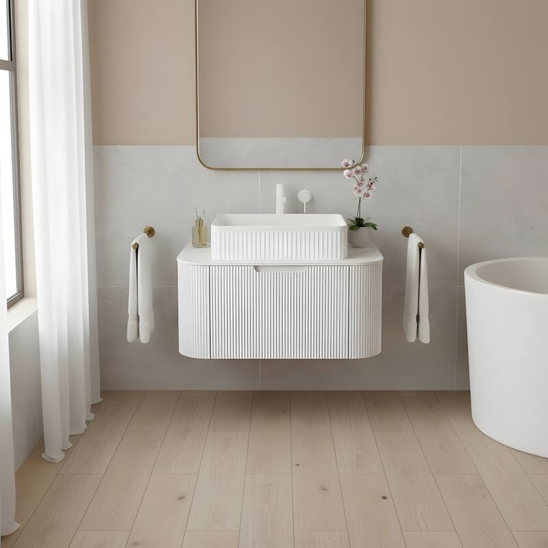 Wall Mounted Bathroom Vanity with White Rectangular Ceramic Basin - 30 - White