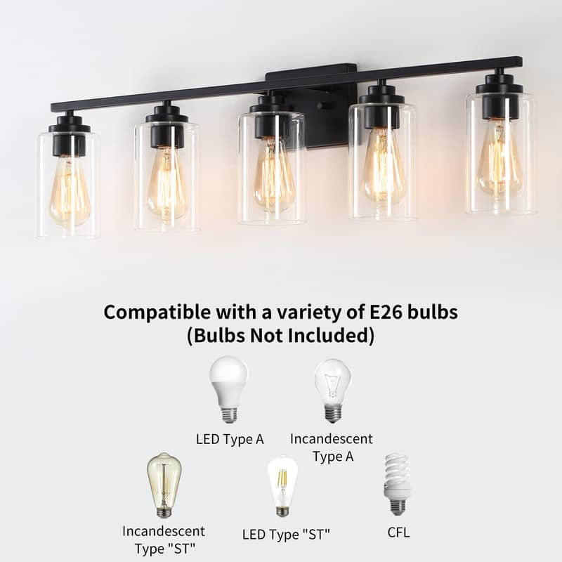 KAWOTI 5-Light Dimmable Bathroom Vanity Light with Clear Glass Shade