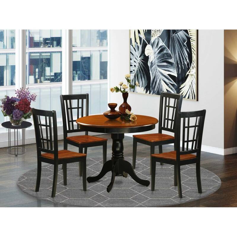 5-Piece Round Black Finish Solid Wood Top Dining table with 4-Chairs with