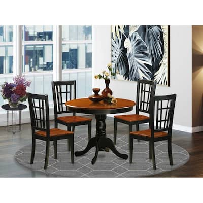 5-Piece Round Black Finish Solid Wood Top Dining table with 4-Chairs with