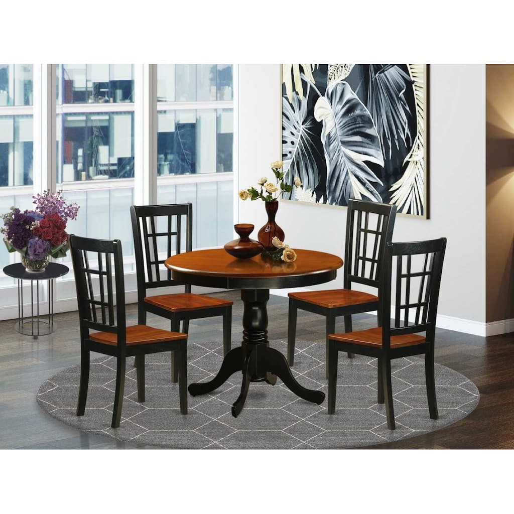 5-Piece Round Black Finish Solid Wood Top Dining table with 4-Chairs with