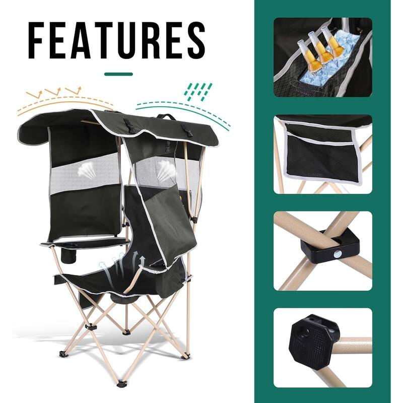 Camping Chair, Beach Chair with Canopy, Folding Camping Chair with Shade, with Cooler and Cup Holder