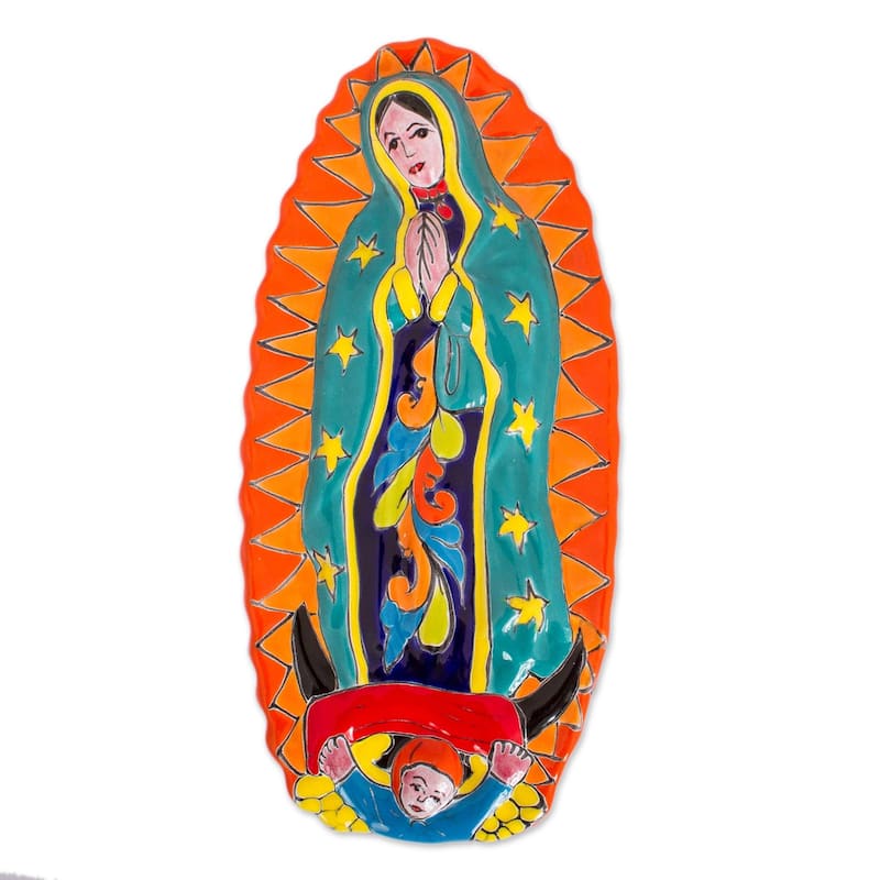 Handmade Talavera Guadalupe In Orange Ceramic Wall Sculpture (Mexico)