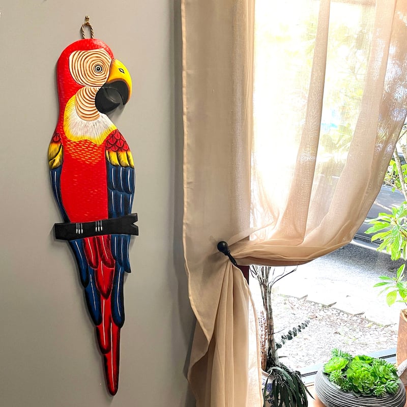 Wood Parrot Wall Decor 38" Hand-Carved Macaw Sculpture Tropical Bird