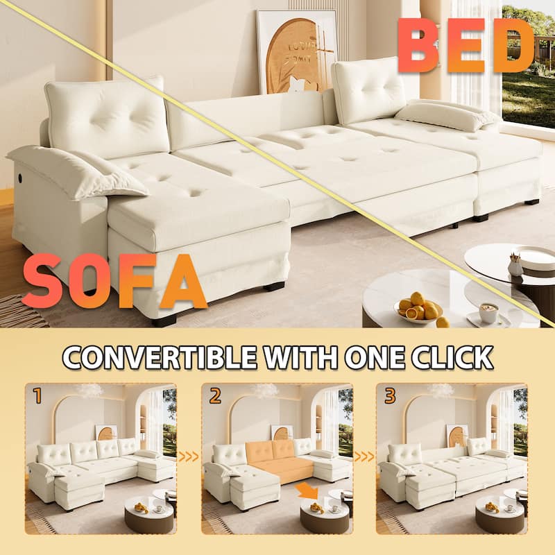 Homy Casa U Shaped Sleeper Sofa with Pull Out Bed USB Ports Convertible Sectional Couch with Chaise Lounge Beige Grey Orange