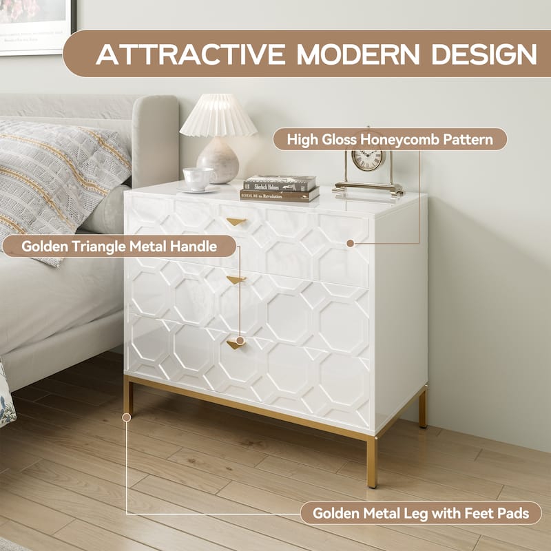Clihome Modern Wooden Glossy 3-Drawer Storage Chest