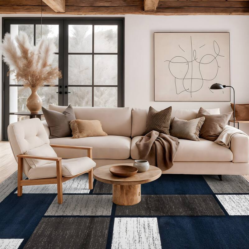 World Rug Gallery Contemporary Modern Boxed Color Block Area Rug - 6'6" x 9' - Navy