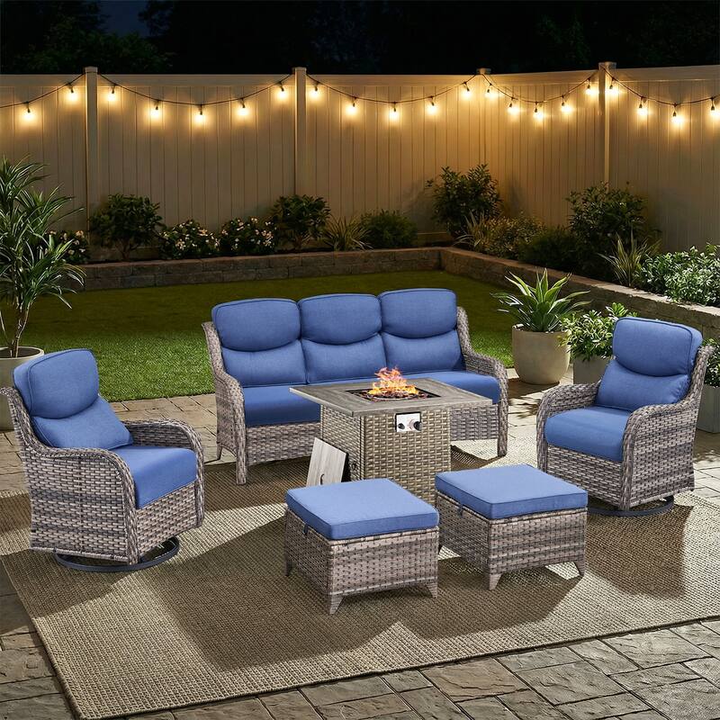 Pocassy Outdoor Propane Fire Table with Sofa Swivel Chair Ottoman Funiture Set. - Gray Wicker Blue Cushion - 6-Piece Sofa Swivel Chair Ottoman w/ Fie Table