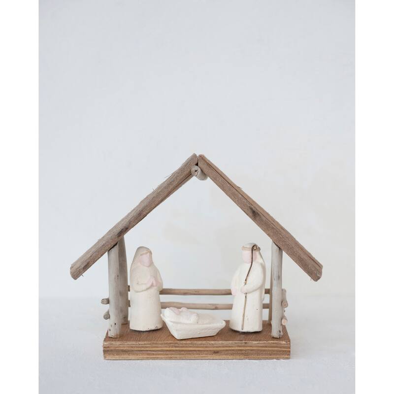 Handmade Driftwood and Paper Mache Nativity with Wood Base - Natural