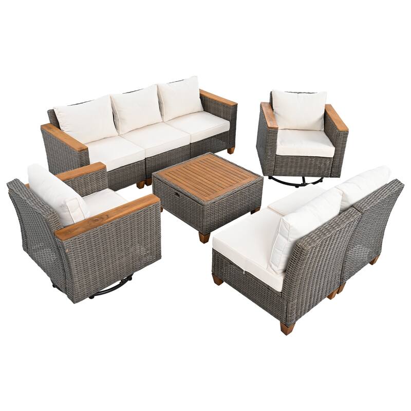 8-Piece Wicker Outdoor Patio Furniture Set with Thick Cushion, Rattan Patio Swivel Rocking Chairs Set of 2 with Acacia S