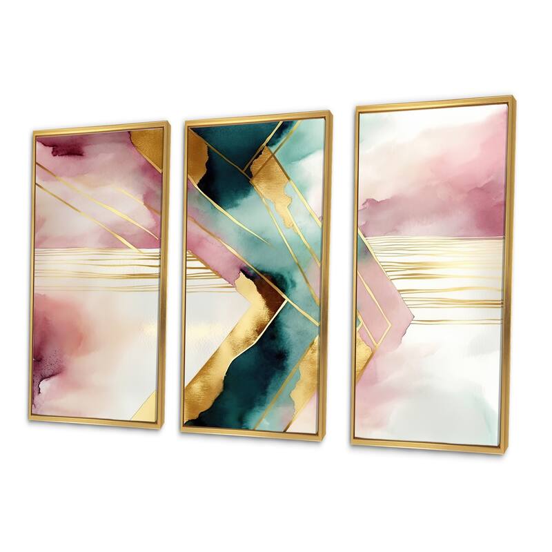 Designart "Abstract Geode Geometric Pink And Green III" Modern Geometric Framed Canvas Art Print - 3 Panels