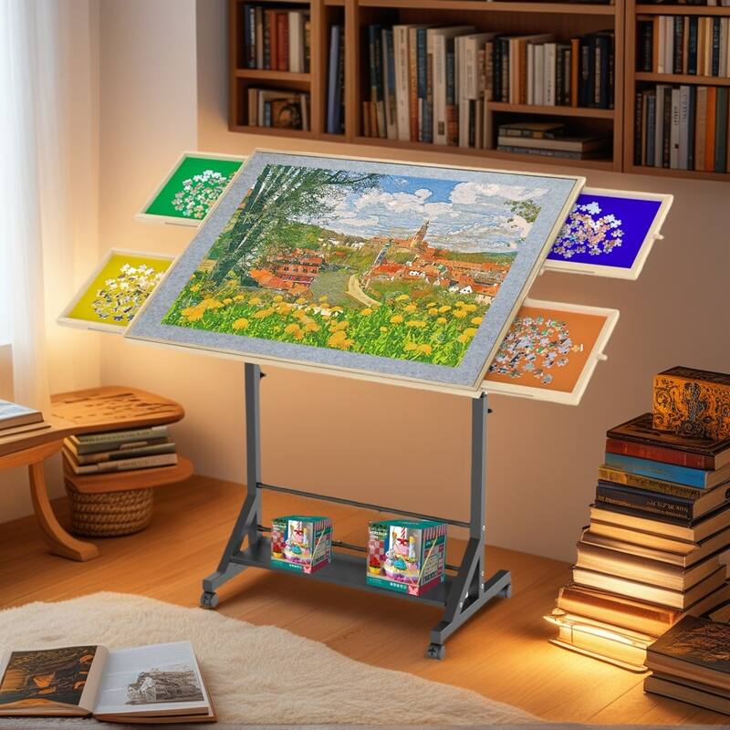 Wooden 1500 Piece Puzzle Table With Drawer,360°Tilting Puzzle Table With Legs And Wheels,Adjustable Height And Angle - Black