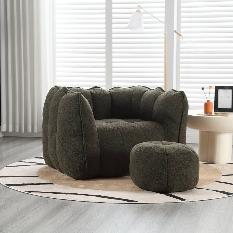 Extra-Large Chenille Bean Bag Chair with Footstool, Comfy Bean Bag Sofa for Adults, High Resilient Foam Square Lazy Sofa