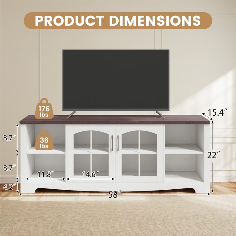EROMMY Solid Wood TV Stand, Modern Entertainment Center with Glass Doors & Adjustable Shelves.