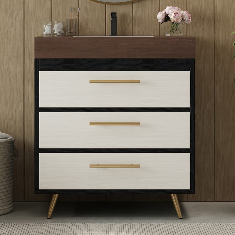 GDFStudio - Athens Modern 29.9" Freestanding Bathroom Vanity with Sintered Stone Top, Ceramic Vessel Sink & Stainless Steel Legs - Black+White Cabinet - Walnut Top