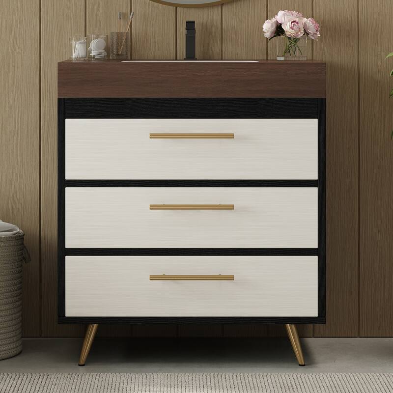 Modern Free-Standing Bathroom Vanity with Ceramic Vessel Sink & Durable Sintered Stone Top