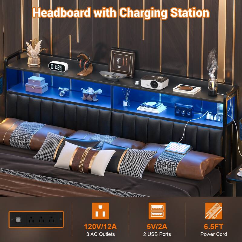Upholstered Headboards with Charge Station and LED Light, Height Adjustable Head Board with Storage