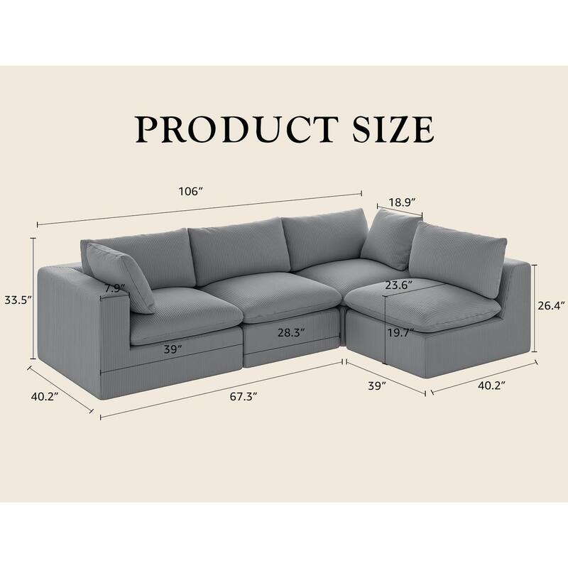 L Shape Modular Sectional Sofa, Oversized Corduroy Upholstered 4 Seater Sofa, Full Compression Deep Seat Sofa with 2 Pillows