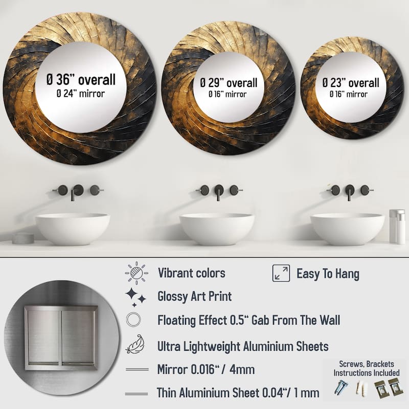 Designart "Gold Black Spiral Poteries I" abstract spirals Living Room Mirror - gold Modern Round Mirror