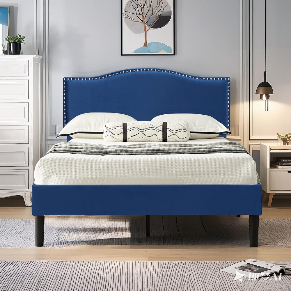 Javlergo Velvet Upholstered Bed Frame with Adjustable Headboard & Nailhead Trim Heavy-Duty Frame with Center Support Leg
