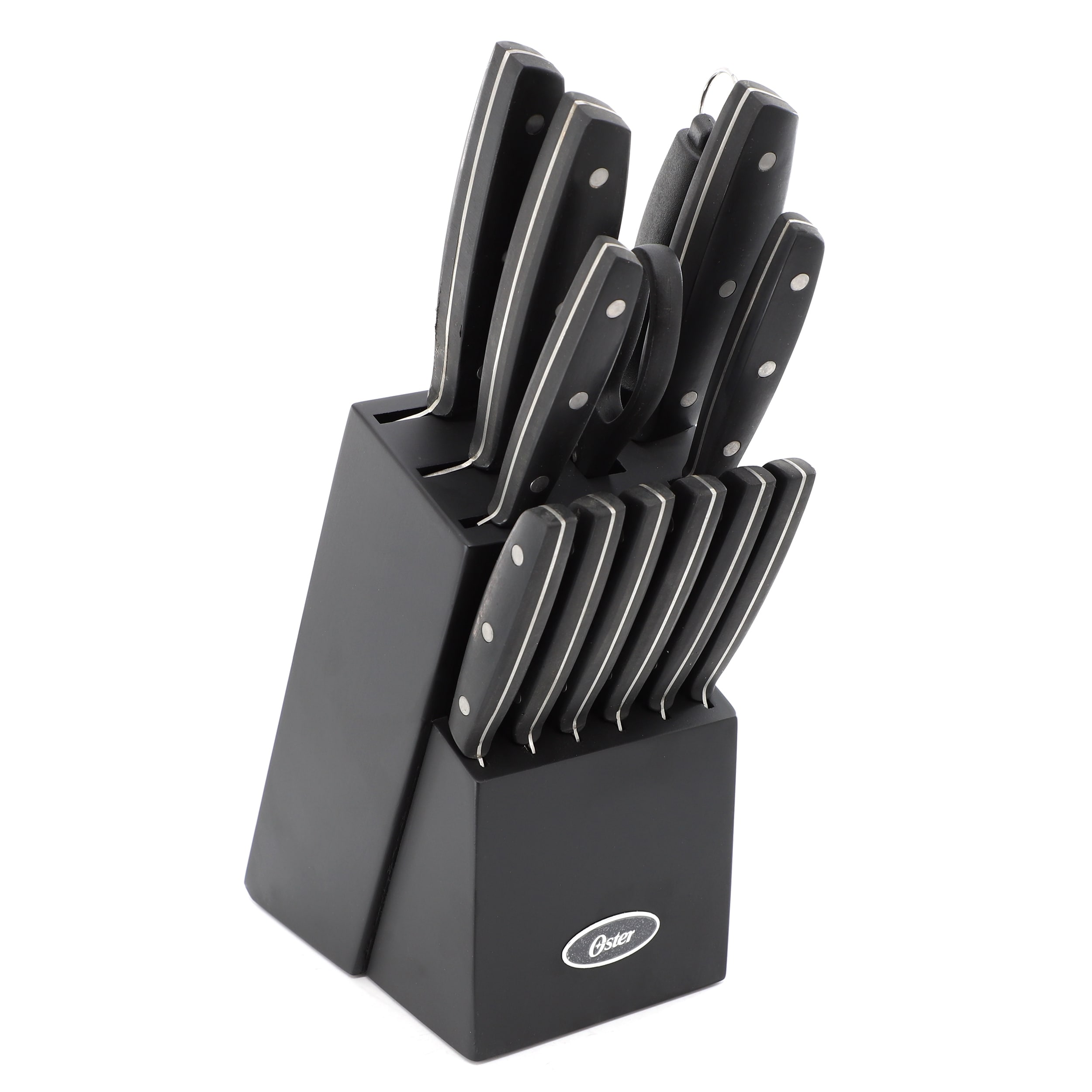 Oster Riggins 14 Piece Stainless Steel Cutlery Set with Hardwood Storage Block in Black - N/A