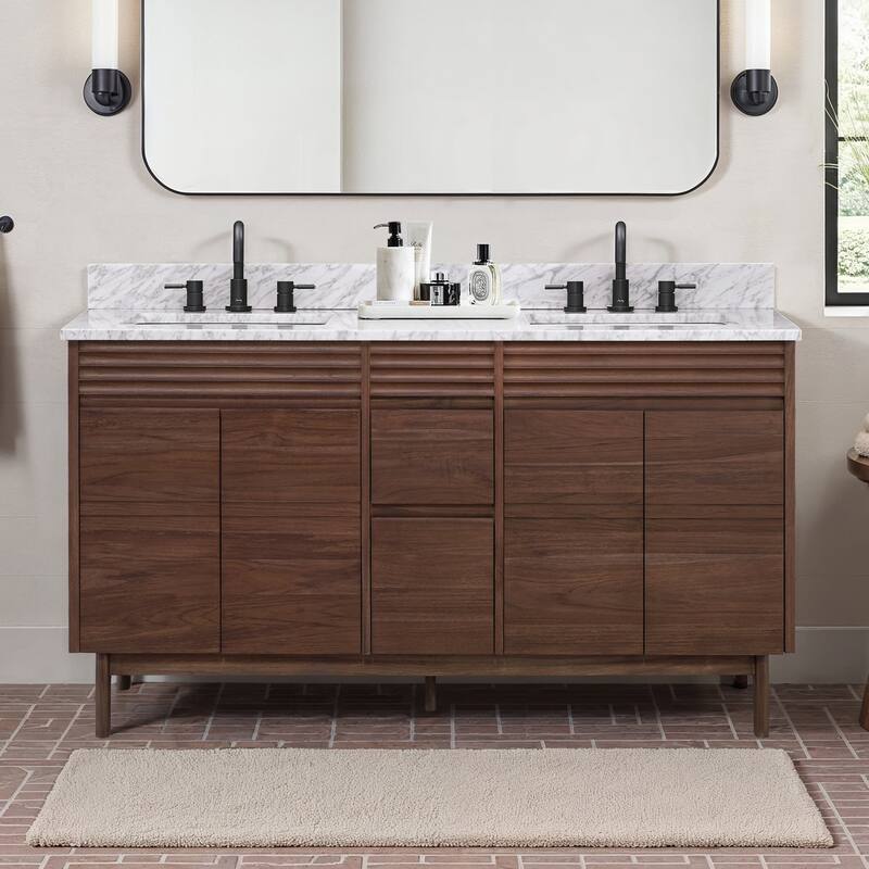 Avanity Carina Bathroom Vanity in Coffee Teak with Carrara White Marble Top - 61" Double Sink