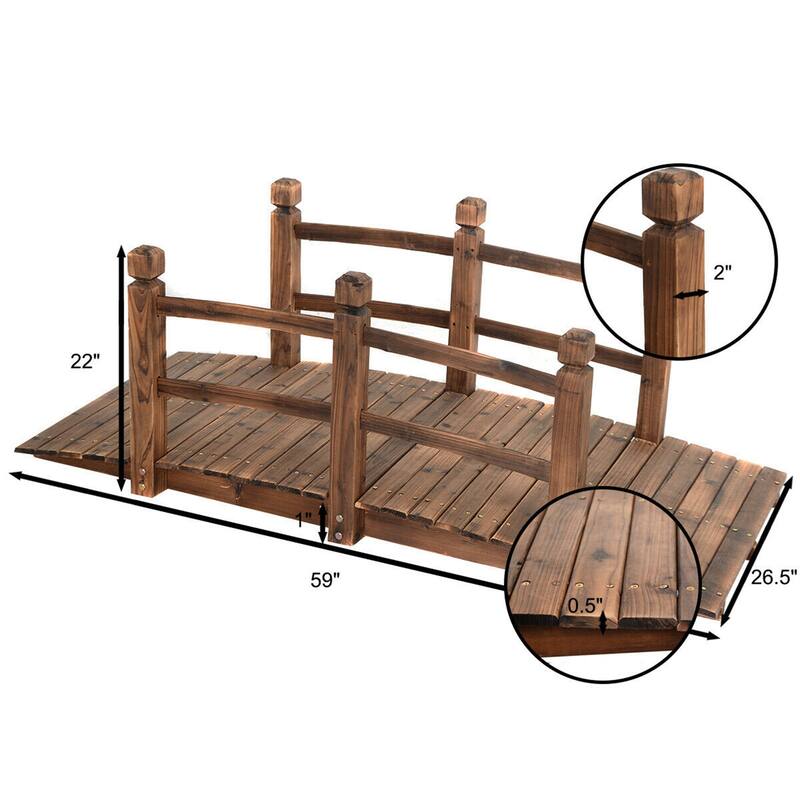 Gymax 5Ft Garden Wooden Bridge Decoration Backyard Pond w/ Safety